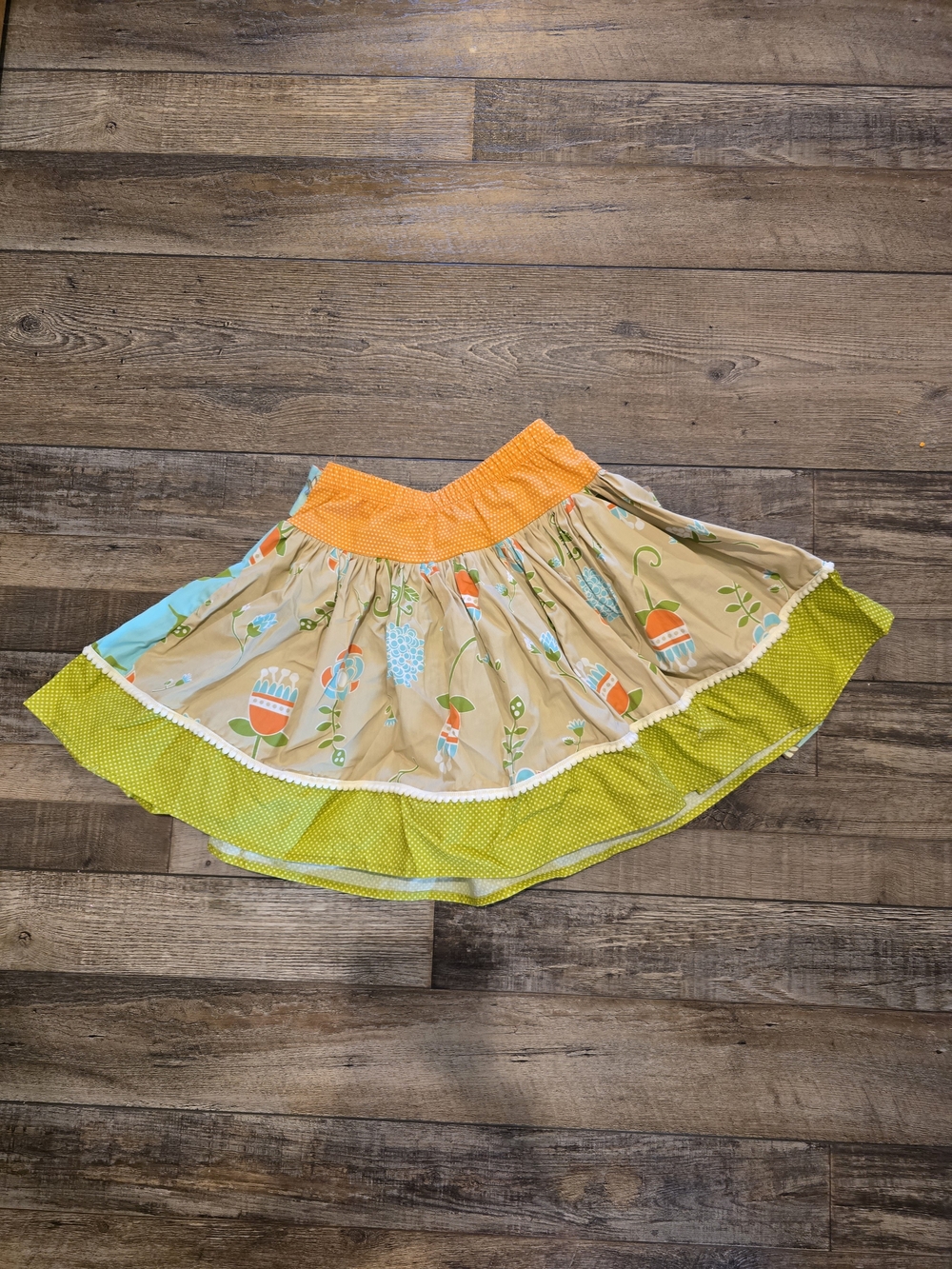 Persnickety Beige Floral Tiered Skirt with Orange Waistband and Lime Trim